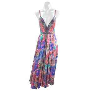 Advance Multicolor SIlk Floral Paisley Deep V Neck Sleeveless A Line Maxi Dress